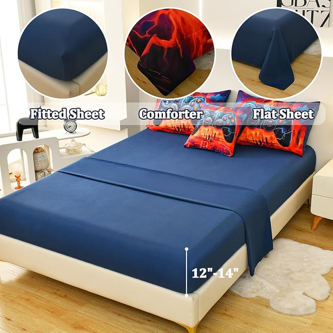 Game Console Full Comforter Set with Sheets, Microfiber 6 Pcs Bed in A Bag Full Size Gamer Bedding Set for Boys Kids Teens