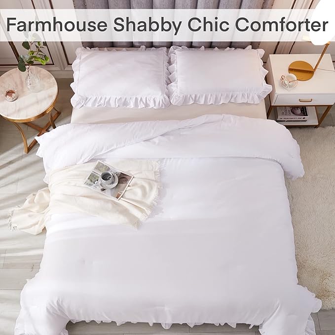 Andency White King Size Comforter Set, 3 Pieces Solid Farmhouse Shabby Chic Bedding Comforters & Sets, All Season Western Rustic Soft Down Alternative Bed Set for Adult Men Women