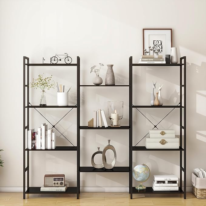Panana Triple 4 tier bookshelf, Industrial Bookcase with 11 Open Display Shelves Wide Book Shelf Book Case with Metal Frame for Living Room Home Office (Black)