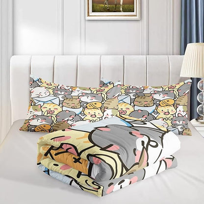 Kawaii Cat Comforter Queen Size,Cute Cat Comforter Set for Kids Teens Girls,3Pcs Bedding Set Printed Comforter with 2 Pillowcases,Down Alternative,Soft and Lightweight，Queen Size