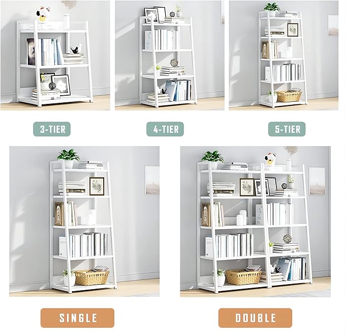 IOTXY 5 Tier Open Bookshelf - Steel and Wood Display Stand, 50CM Width Floor-Standing Bookcase, White