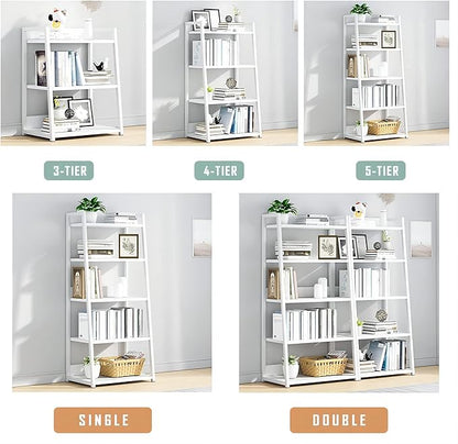 IOTXY 5 Tier Open Bookshelf - Steel and Wood Display Stand, 50CM Width Floor-Standing Bookcase, White