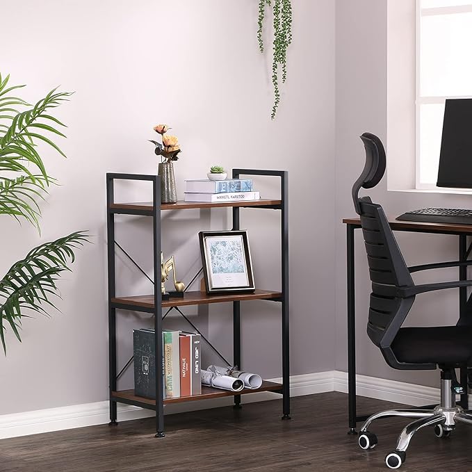 BEWISHOME 3 Tier Bookshelf, Rustic Small Book Shelf for Small Spaces, Brown Wooden Shelves for Bedroom Living Room and Home Office, 13.58" D x 24.21" W x 37" H, JCJ32Z