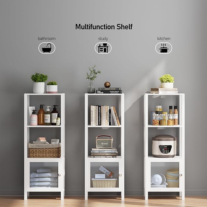 TUTOTAK 4 Tier Bookcase and Bookshelf, Narrow Book shelf with Door for Small Space, for Living Room, Office, Study, Entryway, White BS03BW004