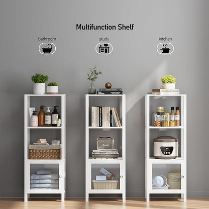 TUTOTAK 4 Tier Bookcase and Bookshelf, Narrow Book shelf with Door for Small Space, for Living Room, Office, Study, Entryway, White BS03BW004