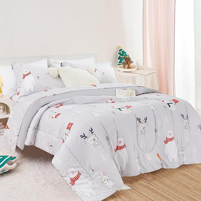 Kids Christmas Comforter Set Full for Boys Girls, Cute Reversible Quilted Bear Snowmen Reindeer Bunny Printed Bedding Set with Pillow Sham, Lightweight Soft Breathable Washable Bed Set 3 Piece