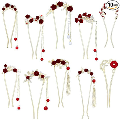 Lawie 10 Pack Cute Flower Butterfly U Shaped Gold Metal Hair Fork Pins Curved Chopsticks for Hair Sticks with Dangles French Hair Pins Bun Holder Decorative Hair Accessories for Women Girls (Red)