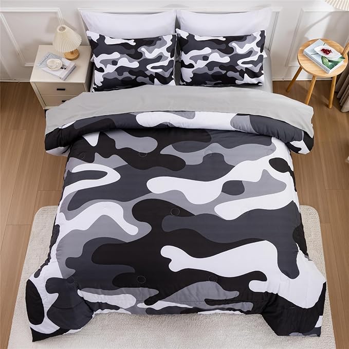 Meeting Story Camouflage Bedding Set, Colorful Pattern Style Comforter Set, 5 PCS One Comforter Two Pillowcases Two Sheets in One Bag, All Season Bedspread for Teens Adults (Grey,Full5pcs