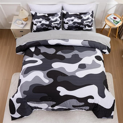 Meeting Story Camouflage Bedding Set, Colorful Pattern Style Comforter Set, 5 PCS One Comforter Two Pillowcases Two Sheets in One Bag, All Season Bedspread for Teens Adults (Grey,Full5pcs