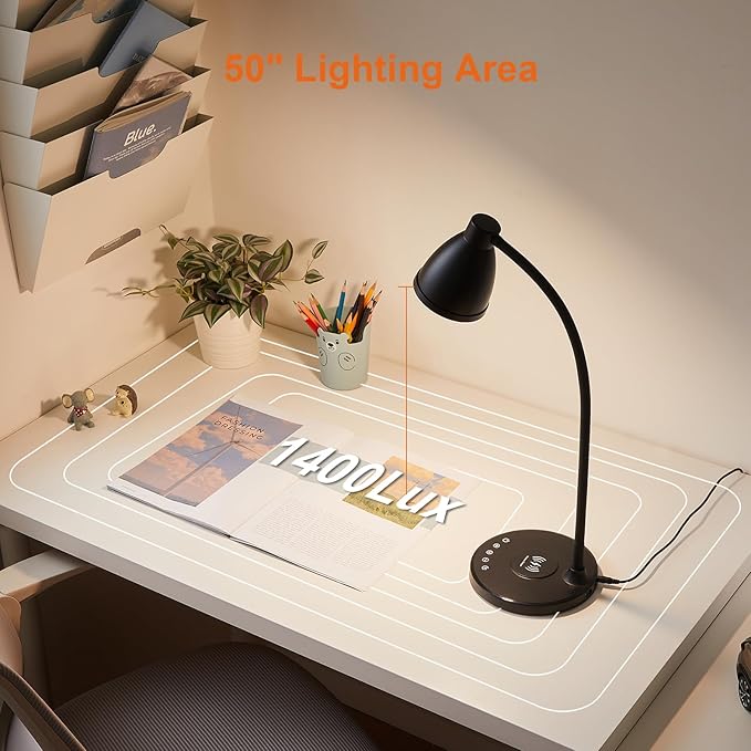 BOHON Desk Lamp for Home Office, LED Desk Light with USB C+A Charging Ports, Wireless Charger, 5 Colors Stepless Dimming Reading Light Timer, Touch Bedside Table Lamp for College Dorm Room Black
