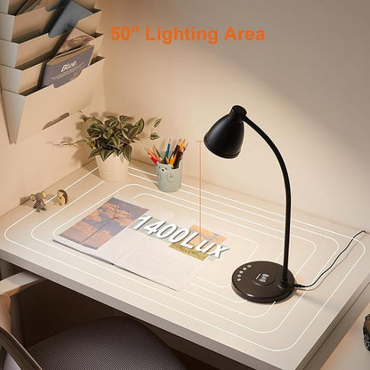 BOHON Desk Lamp for Home Office, LED Desk Light with USB C+A Charging Ports, Wireless Charger, 5 Colors Stepless Dimming Reading Light Timer, Touch Bedside Table Lamp for College Dorm Room Black