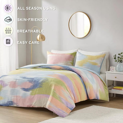 Intelligent Design Queen Comforter Set, Chic Colorful Brushstroke Abstract Print, Girls Room Décor, All Season Queen Bedding Sets for Girls, Matching Sham, Full/Queen, Blue Multi 3 Piece