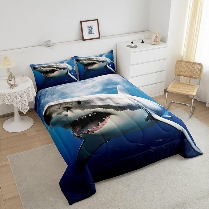 Kids Comforter Set for Boys Girls,3D Shark Fish Down Comforter 3 Piece Hawaiian Beach Theme Bedding Quilted Duvet Set Ocean Sea Animal Pattern Blue Duvet Insert for Toddler Teen Bedroom Decor,Queen