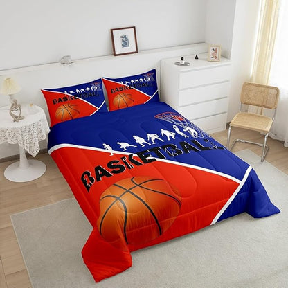 Erosebridal Basketball Queen Bedding Sets For Boys Girls Basketball Player Comforter Set Sports Bedding Comforter Sets For Kids Teen Orange Blue Geometric Quilt Duvet 2 Pillow Cases Bedroom Dorm Decor