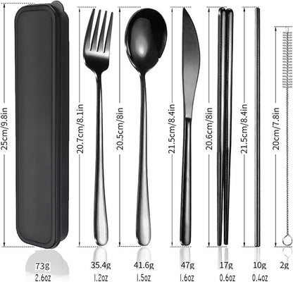 AARAINBOW 6 Pieces 18/8 Stainless Steel Flatware Set Portable Reusable Cutlery Set Travel Utensils Set Including Chopsticks Knife Fork Spoon Straws Cleaning Brush Dishwasher Safe (Black)