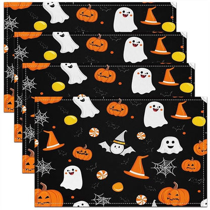 Feelyou Happy Halloween Placemats Set of 4 Cute Ghost Pumpkin Table Mats for Party Kitchen Dining Decoration Orange White Black Place Mat for Table Holiday Decor Indoor Outdoor 18"x12" Non-Slip