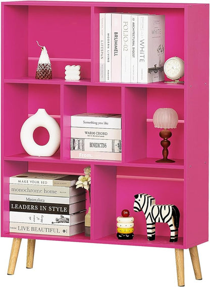 LEYAOYAO 7 Cube Bookshelf,3 Tier Book Shelf with Legs,Pink Modern Bookshelf,Large Freestanding Open Toy Modern Bookshelves,Display Bookcases Decor Furniture for Nursery
