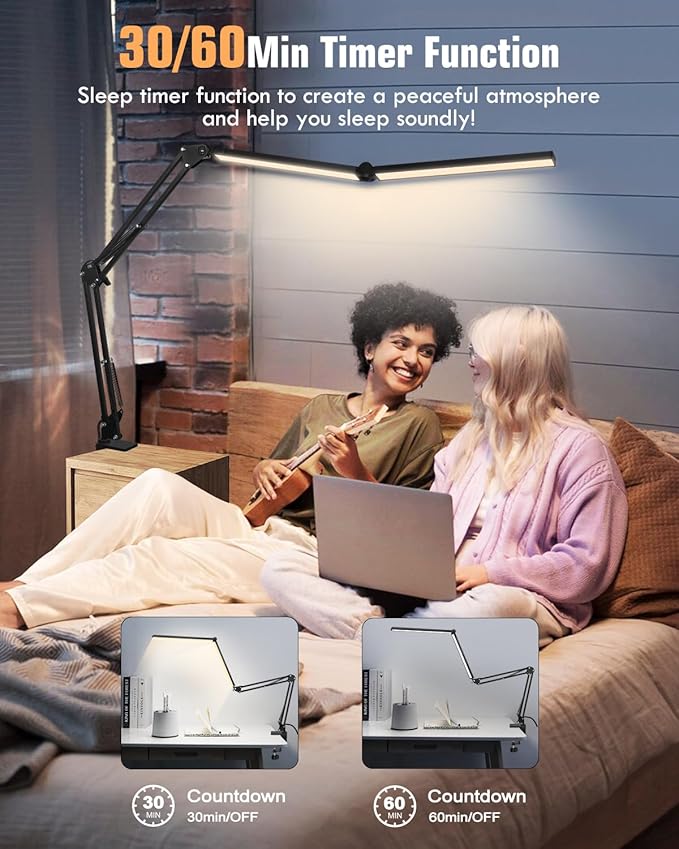 LED Desk Lamps for Home Office 2 in 1 Large Double Head Desk Lamp with Clamp & Base, Remote Control, Dimmable Architect Clip on Desktop Light Bar with Memory for Working, Crafting, Studying