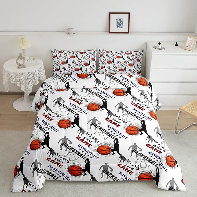 Erosebridal Teen Boys Basketball Bedding Queen Size Basketball Player Quilt Set Kids Girls Sports Bed Comforter Set All Season,Soft Lightweight Duvet Set 1 Basketball Comforter and 2 Pillow Cases