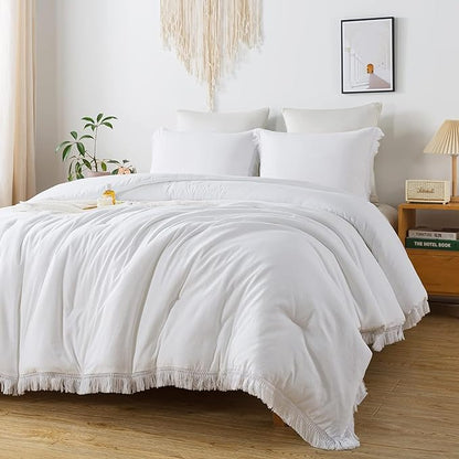 Andency White Comforter Set Queen, 3 Pieces Boho Lightweight Bedding Comforter Sets, All Season Soft Bed Set (90x90In Comforter & 2 Pillowcases)