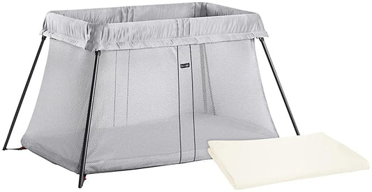 BABYBJORN Travel Crib Light - Silver + Fitted Sheet Bundle Pack