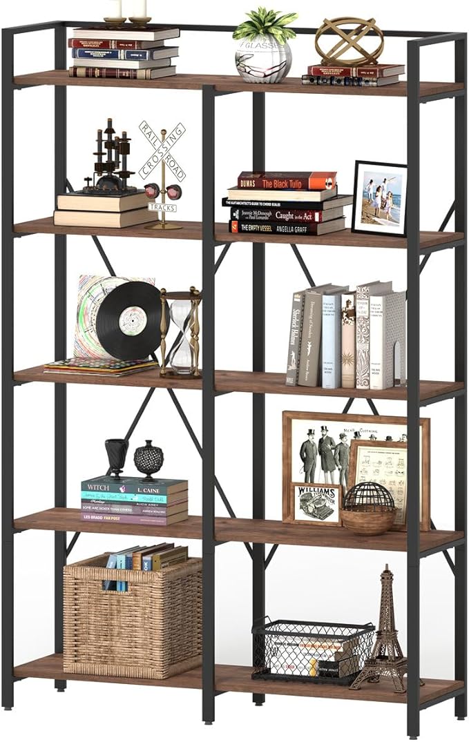 BON AUGURE Industrial Bookshelves and Bookcases, Farmhouse Large Book Shelves, 5 Tier Heavy Duty Open Bookcase, Tall Wood Metal Shelving Unit for Living Room, Bedroom, Office (Rustic Oak)