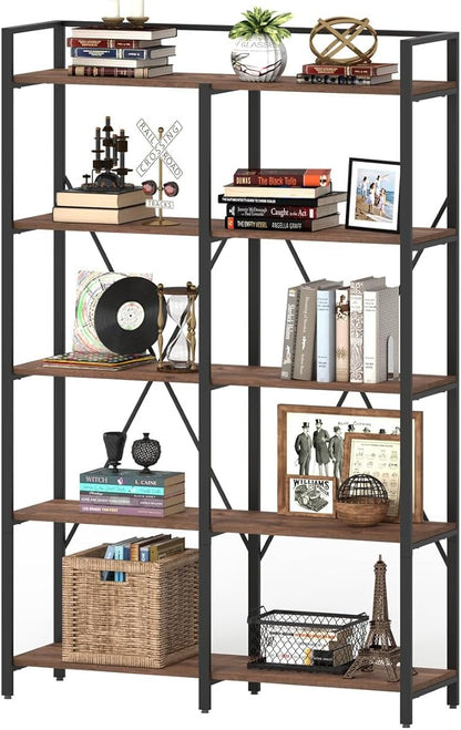 BON AUGURE Industrial Bookshelves and Bookcases, Farmhouse Large Book Shelves, 5 Tier Heavy Duty Open Bookcase, Tall Wood Metal Shelving Unit for Living Room, Bedroom, Office (Rustic Oak)