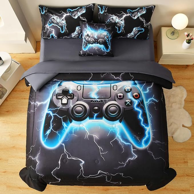 Game Console Full Comforter Set with Sheets, Microfiber 6 Pcs Bed in A Bag Full Size Gamer Bedding Set for Boys Kids Teens