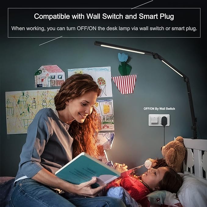 Desk Lamp, LED Desk Lamp with Clamp for Home Office, High Brightness Dimmable Desk Light, Adjustable Color Temperature Swing Arm Architect Lamp with Memory & Timing,Touch control Clamp Lamp