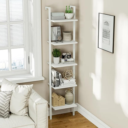 NUMENN Industrial Ladder Shelf, 5 Tier Book Shelf, Open Space Wall Mount Bookshelf with Metal Frame, Sturdy Book Shelves, Bookcase for Living Room, Home Office, White