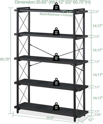 HCHQHS Bookshelf, 5-Tier Industrial Bookcase, Black Open Book Shelf, Freestanding Tall Bookshelves with Metal Frame