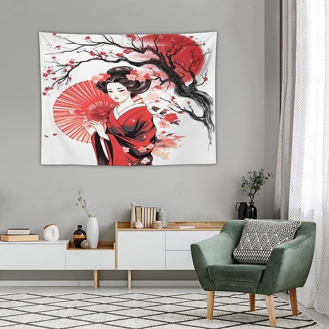 Japanese Red Geisha Tapestry Asian Cherry Blossom Traditional Kimono Folk Tapestries Home Decor for Living Room Bedroom Apartment Farmhouse Dorm 40"x30"