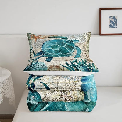 Turtle Bedding Teal Turtle Comforter Set Turquoise Ocean Themed Mediterranean Style Printed Design Ocean Turtle Down Comforter Quilted Duvet Set King Size 1 Comforter 2 Pillowcases (King, Turtle)