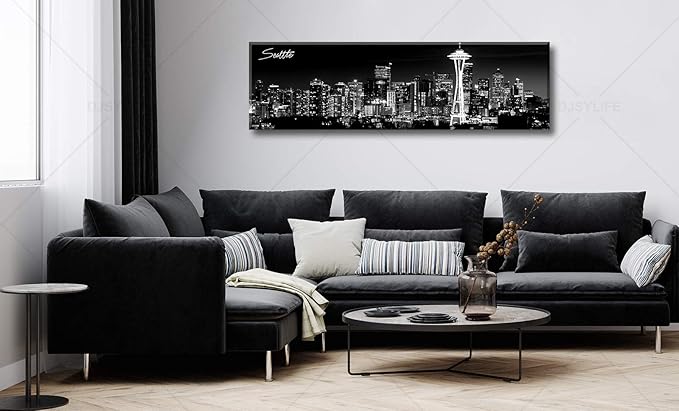 Seattle City Skyline Wall Art Black and White Canvas Prints Panorama Cityscape Picture Night View Painting Poster Modern Artwork Home Decor for Office Living Room - Ready to Hang 13.8" x 47.3"