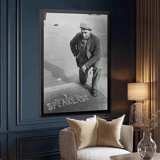 UXCBIA This Way to Speakeasy, Vintage Black And White, Alcohol Prohibition Poster Canvas Poster Bedroom Decor Sports Landscape Office Room Decor Gift Black Frame 12x18in(30x45cm)