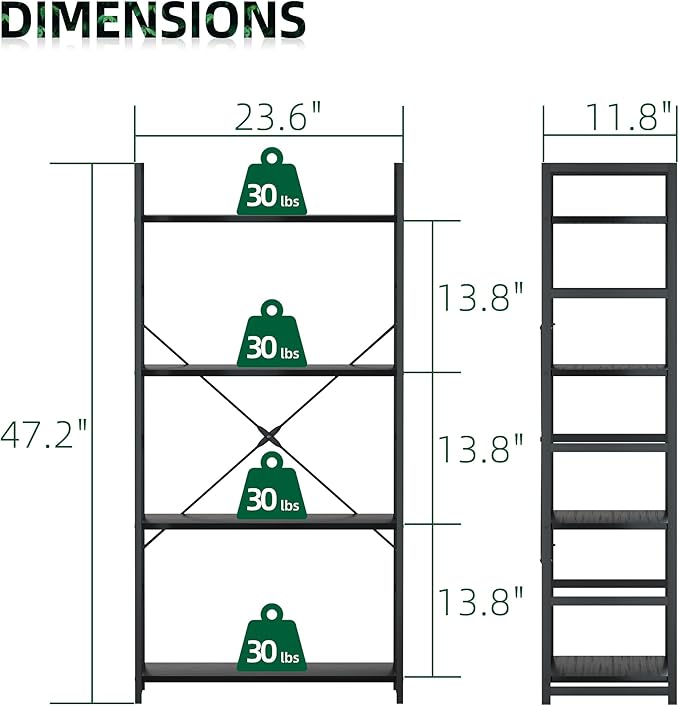 OTK 4 Tier Bookshelf, Tall Bookcase, Office Shelf Storage Organizer, Modern Book Shelf for Living Room, Bedroom, and Home Office, Black