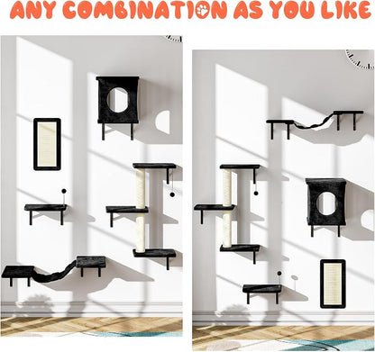 5 Pcs Cat Wall Shelves Set, Wall-Mounted Climber with Cat House, Scratching Post, Bridge, Hammock, Space-Saving Play Furniture, Black