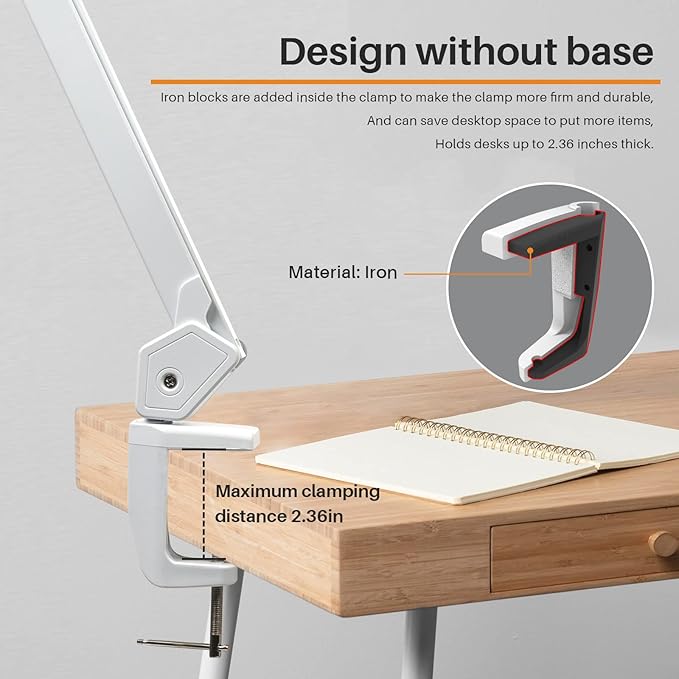 LED Architect Desk Lamp, 2500 Lumens, Dimmable, Metal Swing Arm, 5 Color Temperatures, 30W, Ideal for Task Work, Drafting, Reading, Clamp-on Office Table Lamp with 324 Bright LEDs(White)