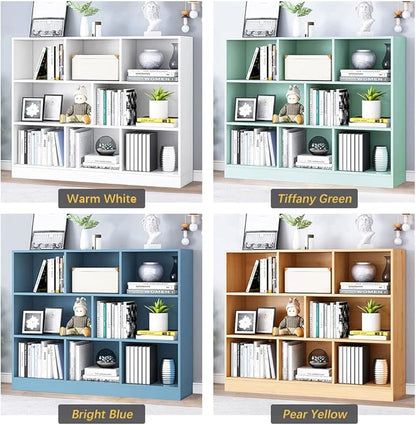 IOTXY Open Shelf Low Bookcase - Wooden 3-Tier Floor Standing Display Cabinet Organizer with Base, 8 Cubes Short Horizontal Bookshelf in Warm White