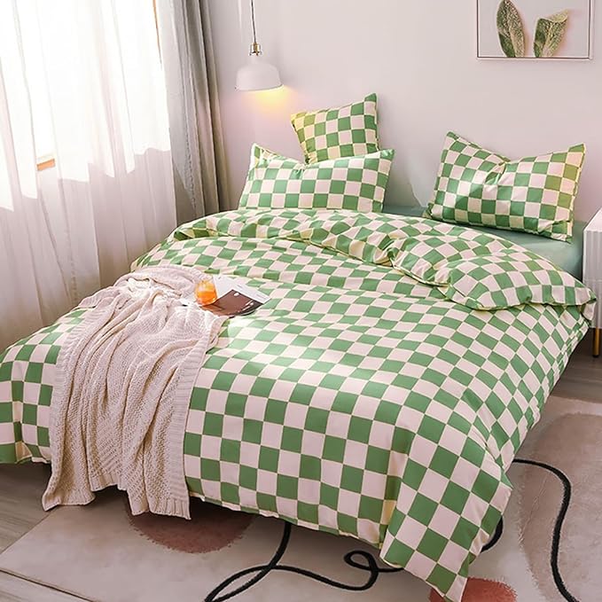 Green White Grid Comforter Set King Sage Green Plaid Bedding Set Women Light Green White Checkered Bed Comforter Set Breathable Blanket Set Men Durable Bedding Comforter Set