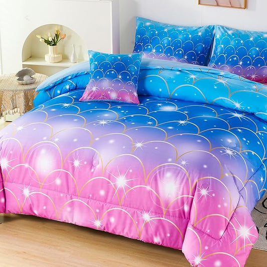 URBONUR 6Pcs Mermaid Comforter Set for Girls Full Size Bed in a Bag Pink Purple Blue Sparkle Glitter Bedding Set Soft All Season Comforter with Sheet Set