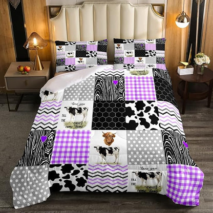 Erosebridal Cute Cow Print Comforter Set King Size Kawaii Highland Cow Bedding Set Bedroom Decor Honeycomb Plaid Pattern Geometric Stripes Down Comforter Farm Animals Duvet Set, Purple Black Grey