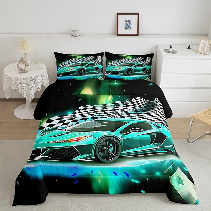Teal Race Car Comforter Set Twin Size, Black White Lattice Bedding Set 2pcs for Kids Boys Teens Room Decor,Extreme Sport Games Quilt Set,Cool Modern Duvet Insert with 1 Pillowcase