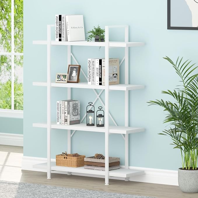 HSH 4 Tier White Bookshelf, Modern 4 Shelf Etagere Bookcase, Industrial Wood and Metal Storage Shelves and Display Book Rack, Farmhouse Open Wide Book Shelf for Bedroom Living Room Office, White Oak