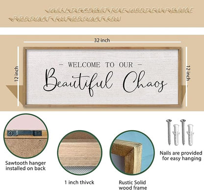 comurdyo Welcome To Our Beautiful Chaos Wall Decor Art 32"X12" for Home Entryway Sign Large Wood Framed Wall Hanging (Wood)