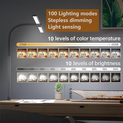 LED Desk Lamp for Office Home,24W Double Head Architect Desk Lamp with Clamp,Remote Control,Ultra Bright Auto Dimming,Stepless Lighting,Flexible Gooseneck Dimming Table Light