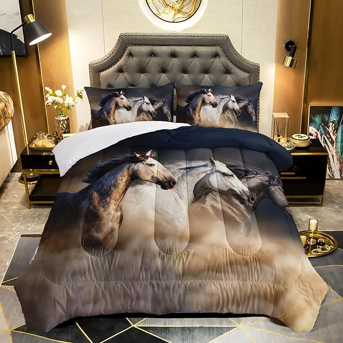 Horse Comforter King Size,Galloping Horse Comforter Set for Kids Teens Girls Boys,3Pcs Bedding Set Printed Comforter with 2 Pillowcases,Soft and Lightweight，King Size