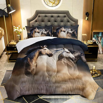 Horse Comforter Twin Size,Galloping Horse Comforter Set for Kids Teens Girls Boys,3Pcs Bedding Set Printed Comforter with 2 Pillowcases,Soft and Lightweight，Twin Size