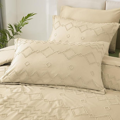 EMME Twin Comforter Set - 5 Pcs Beige Boho Bedding Sets, Tufted Comforter with Sheets, Shabby Chic Embroidery Twin Bed Set Fluffy Bed Bag for All Season(68"X90")