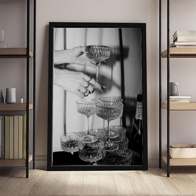 Champagne Glasses Wall , Black And White Art, Wine Glasses Poster, Bar Cart , Cocktail, Retro Photography, Bar Wall Decor Canvas Poster Bedroom Decor Sports Landscape Office Room Decor Gift Black Fram